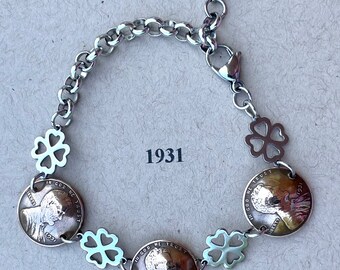 1931 Penny Bracelet with Stainless Steel Four Leaf Clovers