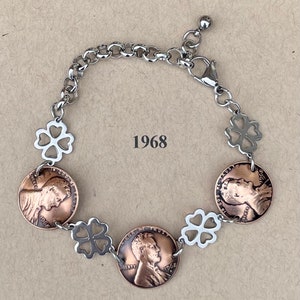 1968 Penny Bracelet with Stainless Steel four leaf clovers image 5