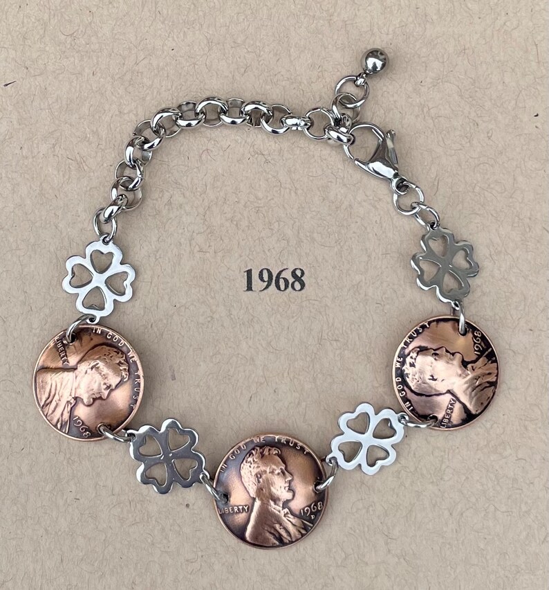 1968 Penny Bracelet with Stainless Steel four leaf clovers image 5