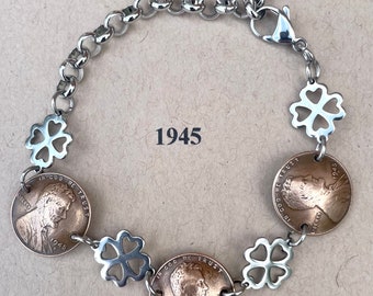 1945 Penny Bracelet with stainless steel four leaf clovers