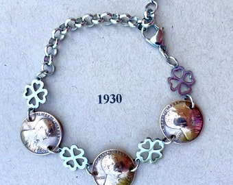 1930 Penny Bracelet with Stainless Steel Four Leaf Clovers