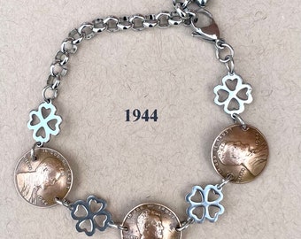 1944 Penny Bracelet with stainless steel four leaf clovers