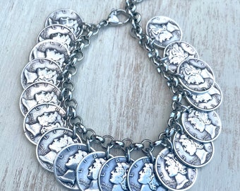 Silver Mercury Dime Charm Bracelet - stainless steel link chain - freshwater pearl