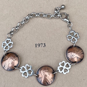 1973 Penny Bracelet with Stainless Steel four leaf clovers image 1