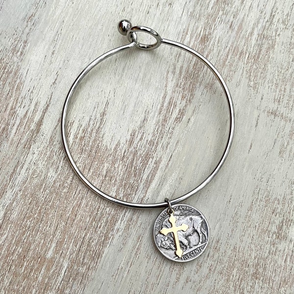 Bangle Bracelet Buffalo Nickel - Stainless Steel Bangle and Cross