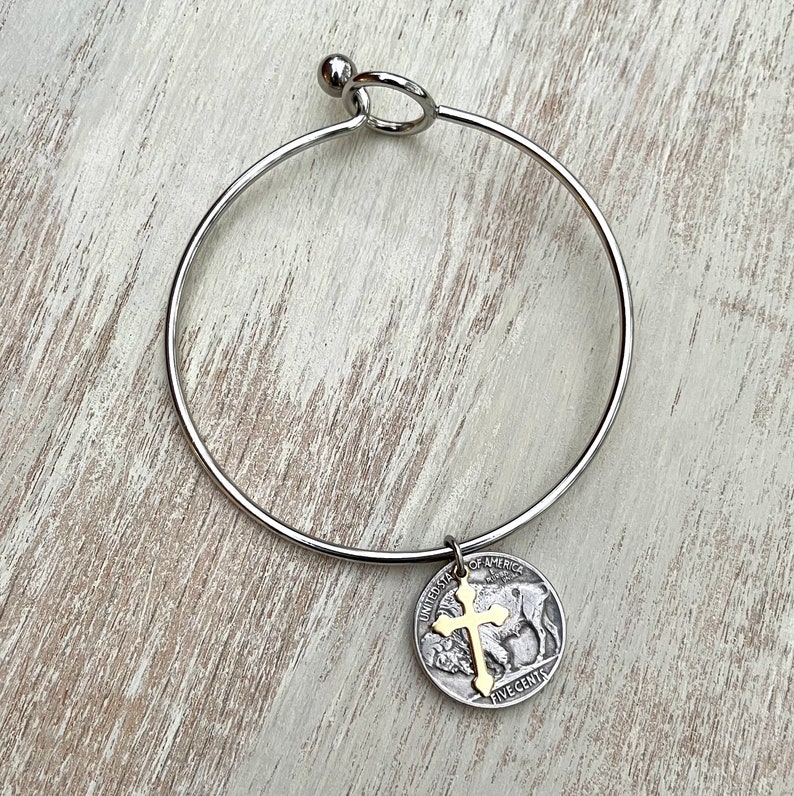 Bangle Bracelet Buffalo Nickel Stainless Steel Bangle and Cross image 1