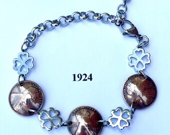 1924 Penny Bracelet with Stainless Steel Four Leaf Clovers