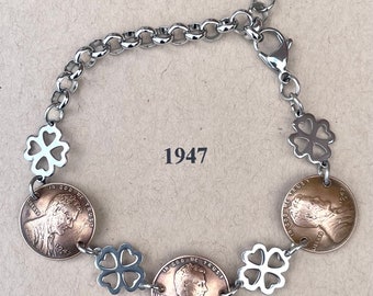 1947 Penny Bracelet with stainless steel four leaf clovers