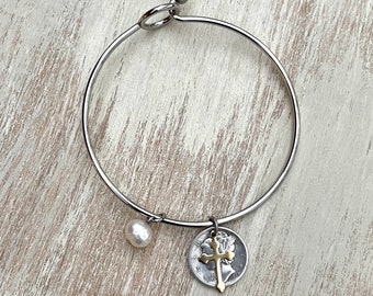 Bangle Bracelet Silver Mercury Dime - Stainless Steel Bangle and Cross