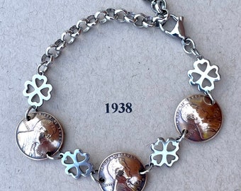 1938 Penny Bracelet with Stainless Steel Four Leaf Clovers