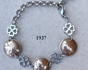 1937 Penny Bracelet with Stainless Steel Four Leaf Clovers