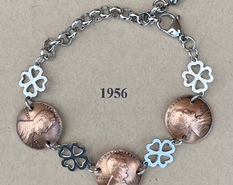 1956 Penny Bracelet with Stainless Steel Four Leaf Clovers