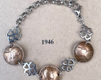 1946 Penny Bracelet with stainless steel four leaf clovers