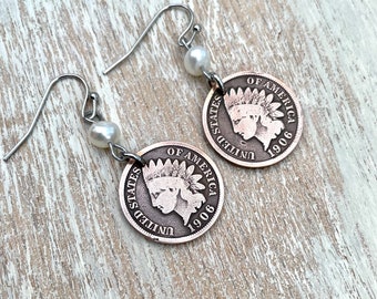 Indian Head Penny Earrings with a Freshwater Pearl and Stainless Steel  Ear Wires