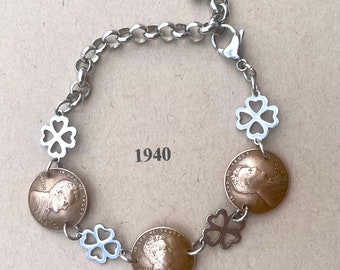 1940 Penny Bracelet with Stainless Steel Four Leaf Clovers