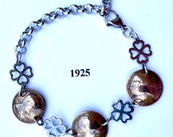 1925 Penny Bracelet with Stainless Steel Four Leaf Clovers