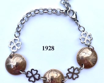 1928 Penny Bracelet with Stainless Steel Four Leaf Clovers