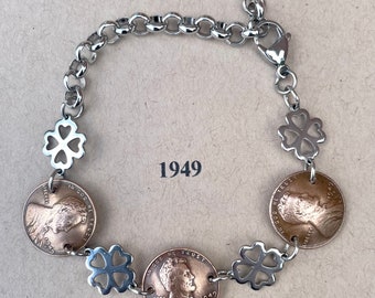 1949 Penny Bracelet with stainless steel four leaf clovers