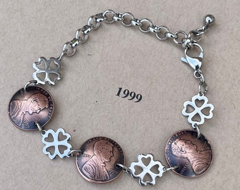 1999 Penny Bracelet with stainless steel four leaf clovers