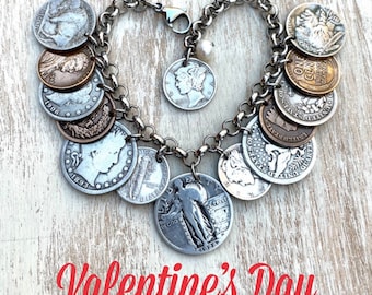 American Charm Bracelet - 14 American Coins - 6 Silver coins - 7 coins over 100 years old - stainless steel rolo chain - freshwater pearl