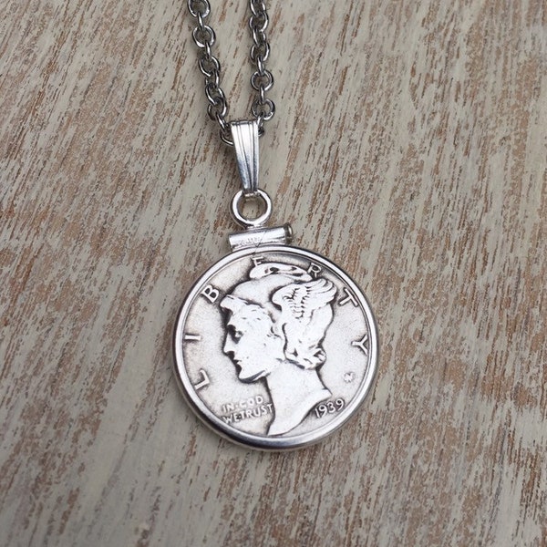 Silver Mercury Dime Necklace Set in Sterling Silver Bezel Choose Your Year