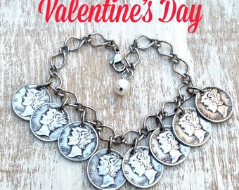 Silver Mercury Dime Charm Bracelet - stainless steel link chain - freshwater pearl