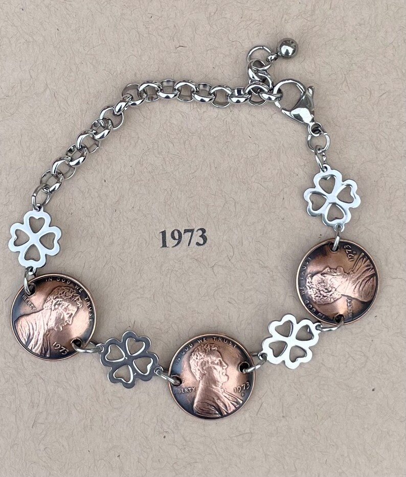 1973 Penny Bracelet with Stainless Steel four leaf clovers image 5