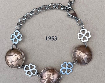 1953 Penny Bracelet with Stainless Steel Four Leaf Clovers Dangle