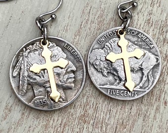 Buffalo Nickel Earrings with Cross - stainless steel ear wires and cross