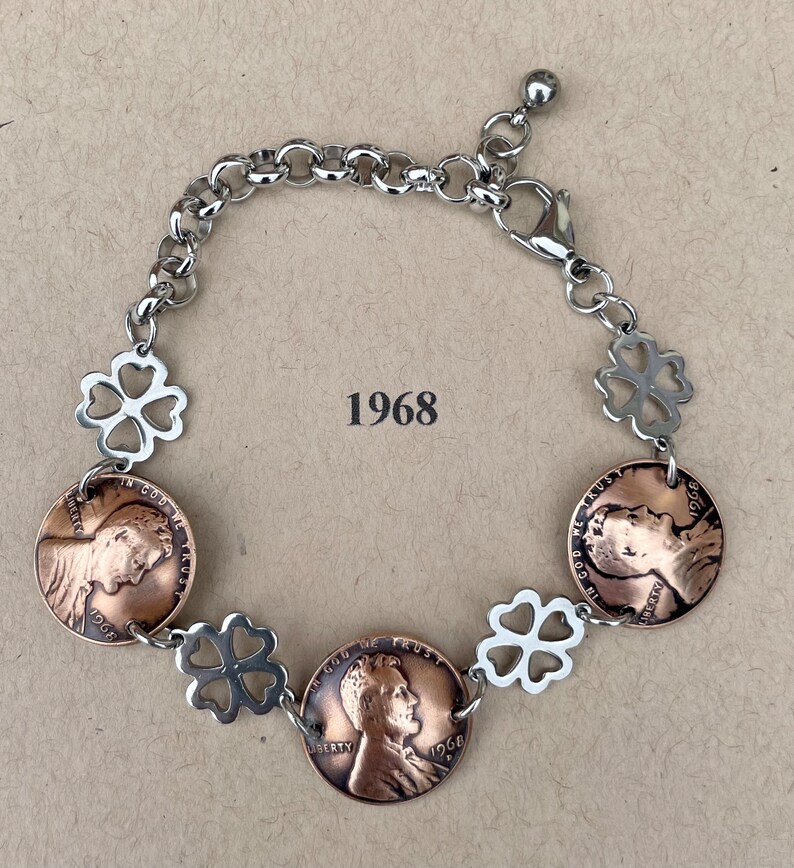 1968 Penny Bracelet with Stainless Steel four leaf clovers image 1