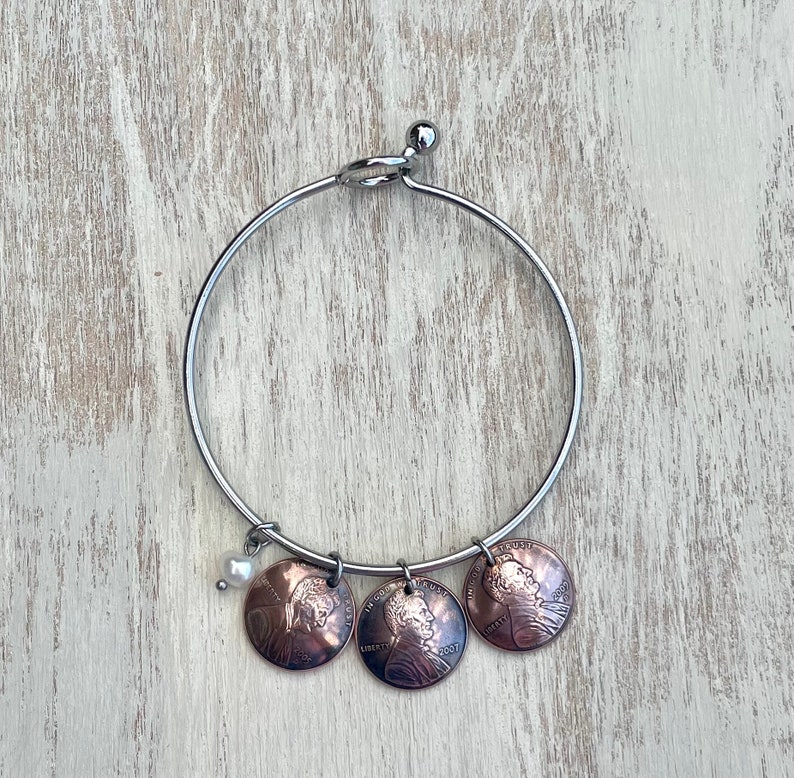 Birth Year Pennies on a Stainless Steel Bangle Choose one or several with freshwater pearl image 1