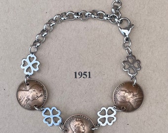 1951 Penny Bracelet with Stainless Steel Four Leaf Covers