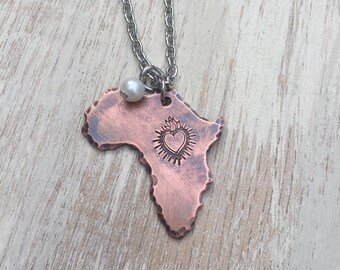 Africa Necklace Heart of Africa Hand-stamped copper with stainless steel chain and freshwater pear
