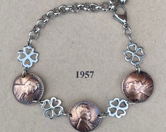 1957 Penny Bracelet with Stainless Steel Four Leaf Clovers