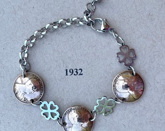 1932 Penny Bracelet with Stainless Steel Four Leaf Clovers
