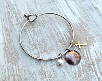 Penny Bangle Choose Your Year with optional freshwater pearl and stainless steel cross charm