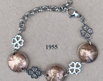 1955 Penny Bracelet with Stainless Steel Four Leaf Clovers