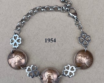 1954 Penny Bracelet with Stainless Steel Four Leaf Clovers