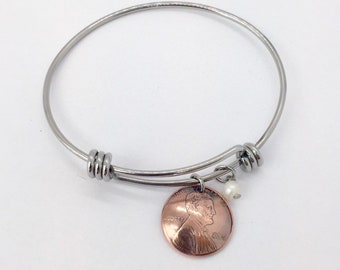 Bangle Bracelet Choose the year of Penny - Stainless Steel Bangle - Freshwater Pearl
