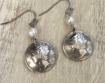 Silver Mercury Dime Earrings with freshwater pearl and stainless steel ear wires