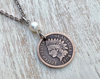 Indian Head Penny Necklace with a Freshwater Pearl and Stainless Steel 20” Chain