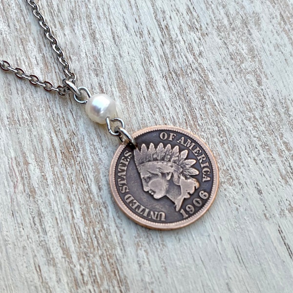 Indian Head Penny Necklace with a Freshwater Pearl and Stainless Steel 20” Chain