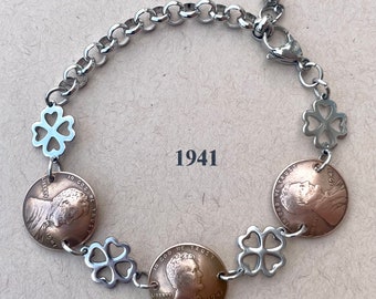 1941 Penny Bracelet with Stainless Steel chain clasp clovers dangle