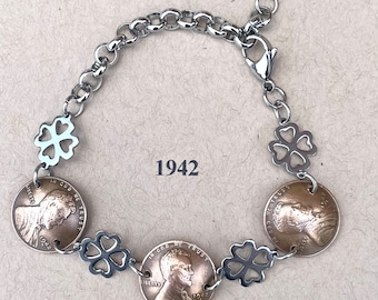 1942 Penny Bracelet with Stainless Steel Four Leaf Clovers