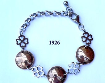 1926 Penny Bracelet with Stainless Steel Four Leaf Clovers