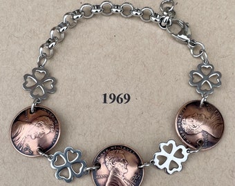 1969 Penny Bracelet with Stainless Steel four leaf clovers