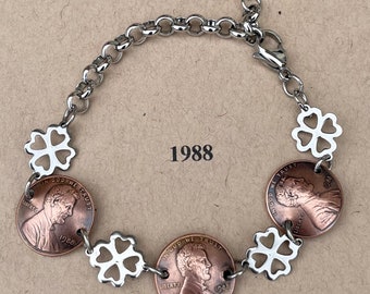 1988 Penny Bracelet with stainless steel four leaf clovers