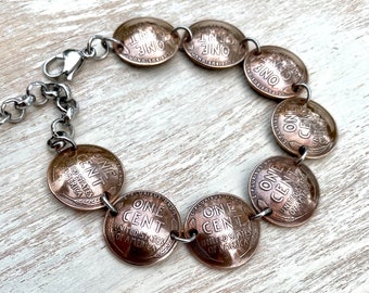 Wheat Back Penny Bracelet with a Freshwater Pearl and Stainless Steel Chain