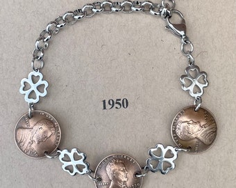 1950 Penny Bracelet with Stainless Steel Four Leaf Clovers