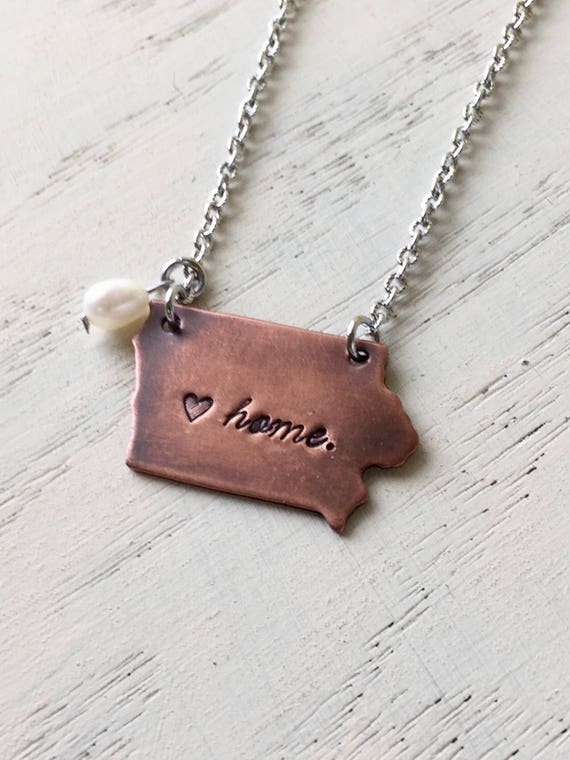 Iowa State Copper Necklace Handstamped With Freshwater Pearl Etsy